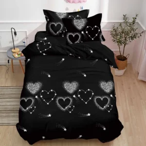 Lenjerie pat 1 Persoana, 4 PIESE, Bumbac Satinat, 3D, Model Inimi, Negru, BG-34