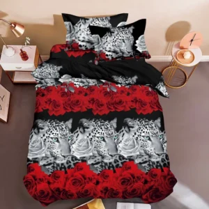 Lenjerie pat 1 Persoana, 4 PIESE, Bumbac Satinat, 3D, Model Leopard, Rosu/Negru BG-23