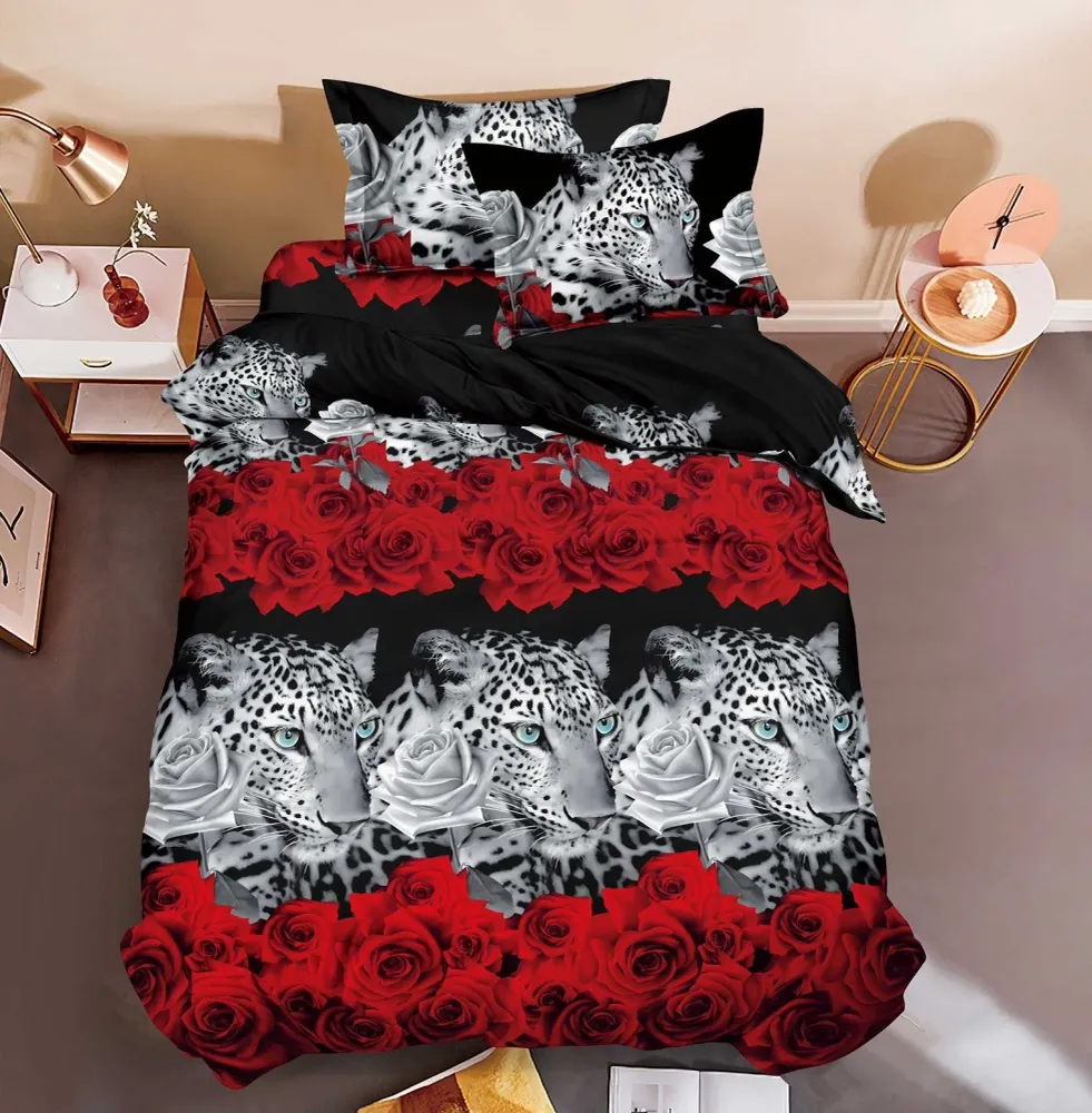 Lenjerie pat 1 Persoana, 4 PIESE, Bumbac Satinat, 3D, Model Leopard, Rosu/Negru BG-23