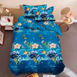 Lenjerie pat 1 Persoana, 4 PIESE, Bumbac Satinat, 3D, Model Floral, Albastru BG-21
