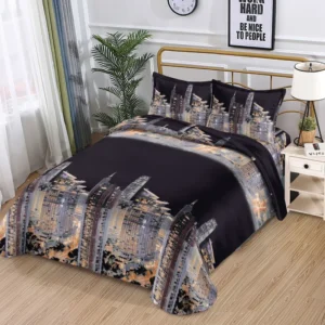 Lenjerie pat 1 Persoana, 4 PIESE, Bumbac Satinat, 3D, Model City, Negru BG-04