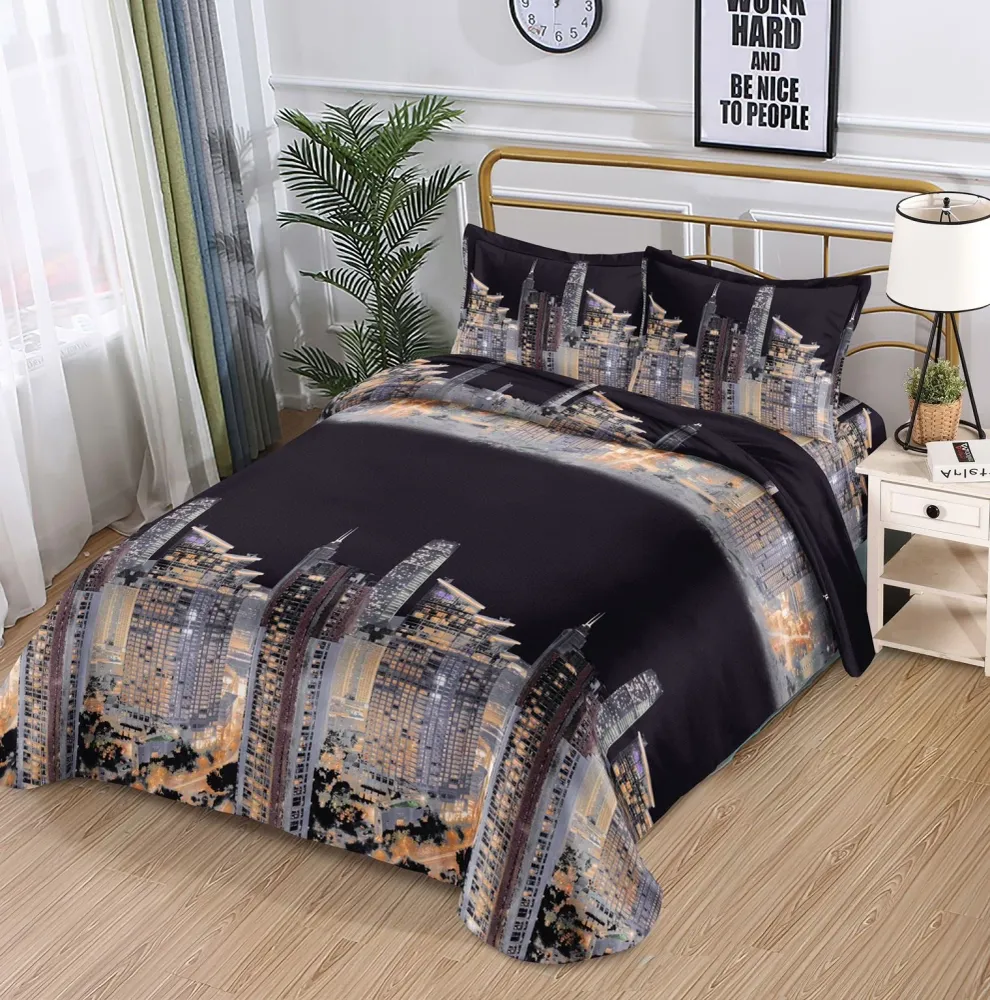 Lenjerie pat 1 Persoana, 4 PIESE, Bumbac Satinat, 3D, Model City, Negru BG-04