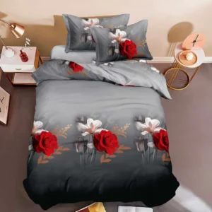 Lenjerie pat 1 Persoana, 4 PIESE, Bumbac Satinat, 3D, Model Floral, Gri/Rosu BG-15