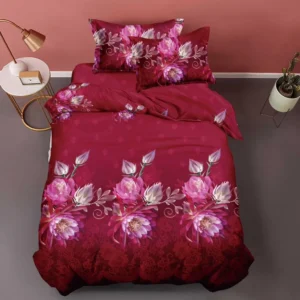 Lenjerie pat 1 Persoana, 4 PIESE, Bumbac Satinat, 3D, Model Floral, Rosu BG-10