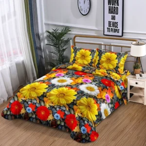 Lenjerie pat 1 Persoana, 4 PIESE, Bumbac Satinat, 3D, Model Floral, BG-02