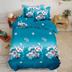 Lenjerie pat 1 Persoana, 4 PIESE, Bumbac Satinat, 3D, Model Floral, Albastru, BG-25