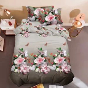 Lenjerie pat 1 Persoana, 4 PIESE, Bumbac Satinat, 3D, Model Floral, BG-24