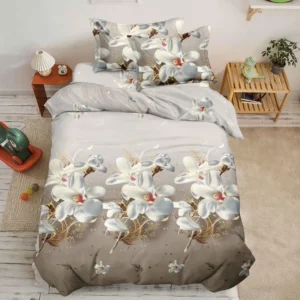 Lenjerie pat 1 Persoana, 4 PIESE, Bumbac Satinat, 3D, Model Floral, Gri BG-08