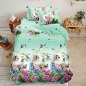 Lenjerie pat 1 Persoana, 4 PIESE, Bumbac Satinat, 3D, Model Floral, Turcoaz BG-06