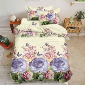 Lenjerie pat 1 Persoana, 4 PIESE, Bumbac Satinat, 3D, Model Floral, Bej, BG-01