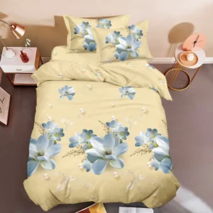 Lenjerie pat 1 Persoana, 4 PIESE, Bumbac Satinat, 3D, Model Floral, Bej, BG-30