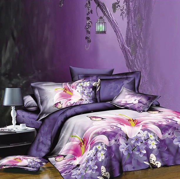 Lenjerie pat 1 Persoana, 4 PIESE, Bumbac Satinat, 3D, Model Floral, Mov, BG-29