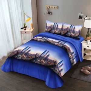 Lenjerie pat 1 Persoana, 4 PIESE, Bumbac Satinat, 3D, Model City, Albastru BG-03