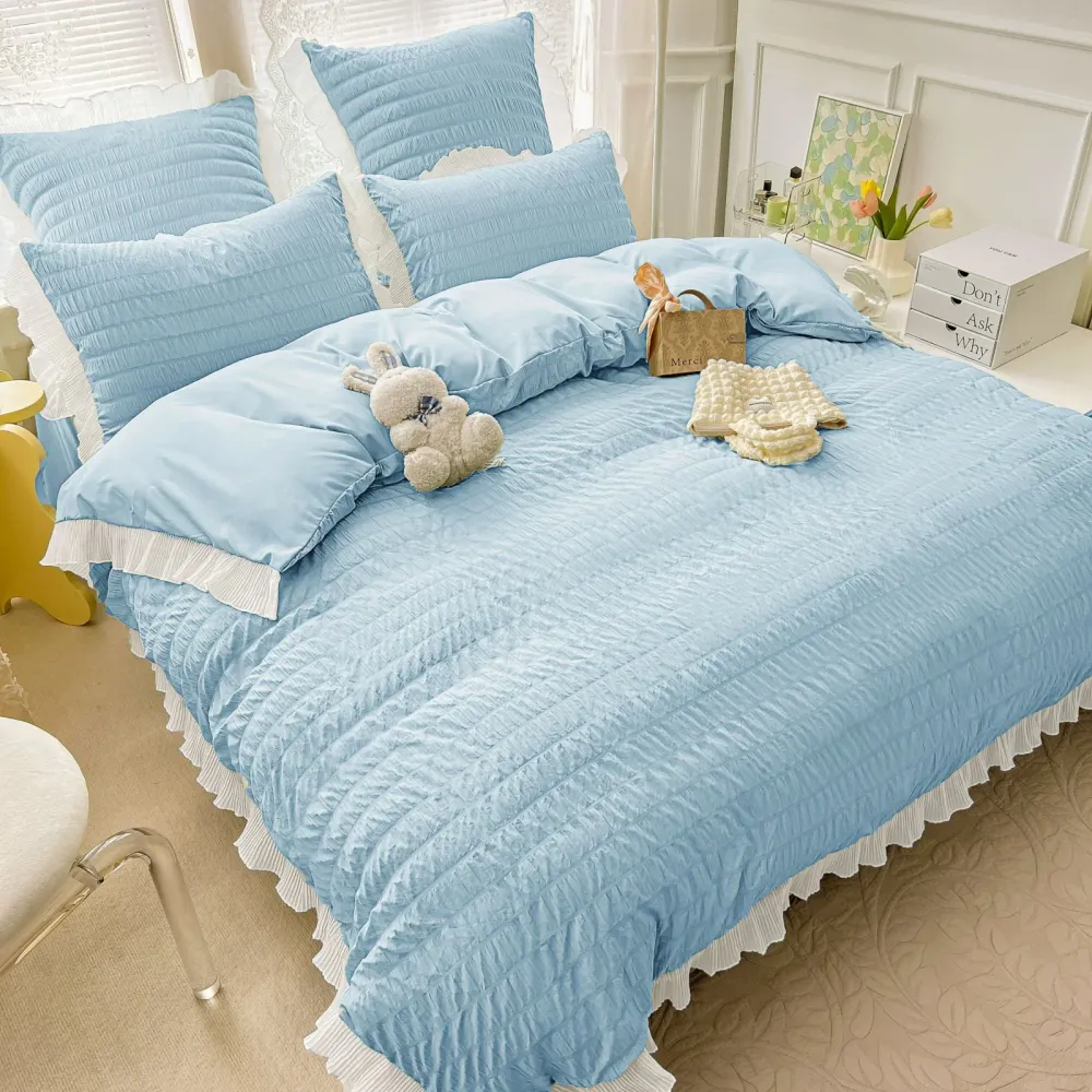 Lenjerie de Pat 6 Piese, Creponata, cu Volanase, Bleu