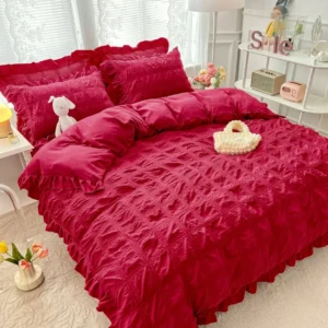 Lenjerie de Pat 6 Piese, Creponata, cu Volanase, Bordo