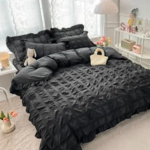 Lenjerie de Pat 6 Piese, Creponata, cu Volanase, Neagra