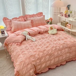 Lenjerie de Pat 6 Piese, Creponata, cu Volanase, Roze