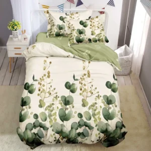Lenjerie pat single 1 Persoana, 4 PIESE, Bumbac Finet, Frunze, Verde, Y60-127