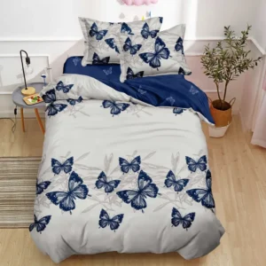Lenjerie pat single 1 Persoana, 4 PIESE, Bumbac Finet, Fluturi, Albastru/Gri, Y60-124