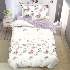 Lenjerie pat single 1 Persoana, 4 PIESE, Bumbac Finet, Fluturi, Multicolor, Y60-116