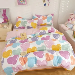 Lenjerie pat single 1 Persoana, 4 PIESE, Bumbac Finet, Inimioare, Multicolor, Y60-64