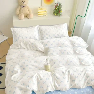 Lenjerie pat single 1 Persoana, 4 PIESE, Bumbac Finet, Fundite, Alb/Bleu, Y60-76