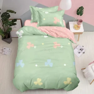 Lenjerie pat single 1 Persoana, 4 PIESE, Bumbac Finet, Floricele, Verde/Roz, Y60-145