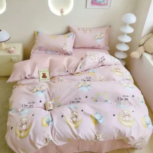 Lenjerie pat single 1 Persoana, 4 PIESE, Bumbac Finet, Ursulet, Roz, Y60-140