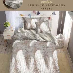 Lenjerie pat single 1 Persoana, 4 PIESE, Bumbac Finet, Pene, Maro, Y60-121