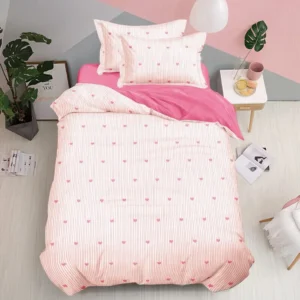 Lenjerie pat single 1 Persoana, 4 PIESE, Bumbac Finet, Inimioare, Roz, Y60-144
