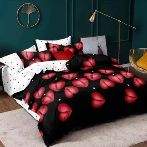 Lenjerie pat single 1 Persoana, 4 PIESE, Bumbac Finet, Inimioare, Multicolor, Y60-25