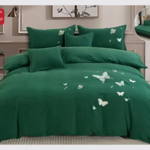 Lenjerie 6 Piese Din Bumbac Satinat Premium, cu Elastic si Fluturi Imprimati, Verde Smarald-D8097