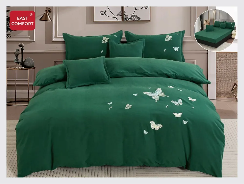 Lenjerie 6 Piese Din Bumbac Satinat Premium, cu Elastic si Fluturi Imprimati, Verde Smarald-D8097