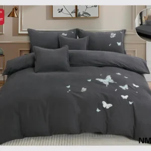 Lenjerie 6 Piese Din Bumbac Satinat Premium, cu Elastic si Fluturi Imprimati, Gri Inchis-D8099