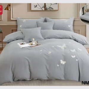 Lenjerie 6 Piese Din Bumbac Satinat Premium, cu Elastic si Fluturi Imprimati, Gri Deschis-D10063