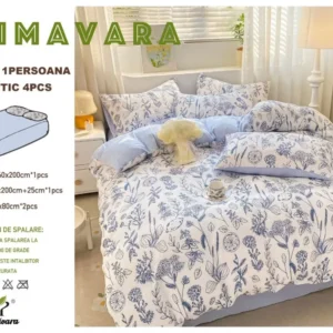 Lenjerie 4 Piese 1 Persoana, cu Elastic, din Bumbac Creponat, Bleu/Flori-P6668