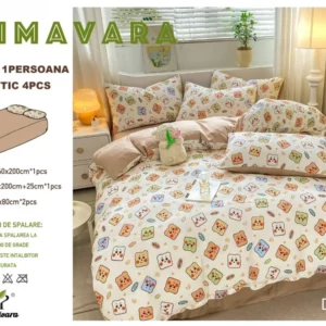 Lenjerie 4 Piese 1 Persoana, cu Elastic, din Bumbac Creponat, Bej/Ursuleti-P6660