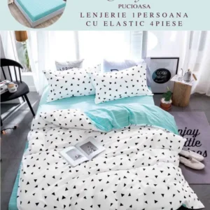 Lenjerie 4 Piese 1 Persoana, cu Elastic, din Bumbac Satinat, Forme Geometrice-H6773
