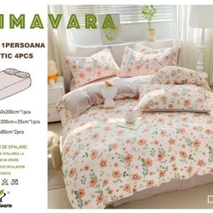 Lenjerie 4 Piese 1 Persoana, cu Elastic, din Bumbac Creponat, Grej/Floricele-P6663