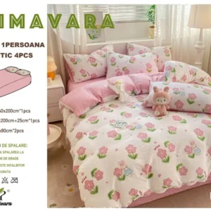 Lenjerie 4 Piese 1 Persoana, cu Elastic, din Bumbac Creponat, Roz/Floricele-P6669