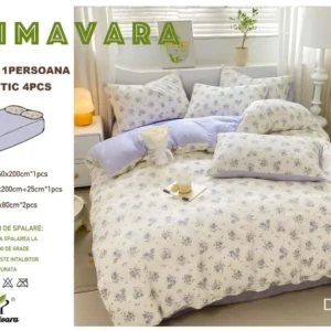 Lenjerie 4 Piese 1 Persoana, cu Elastic, din Bumbac Creponat, Floricele-P6651