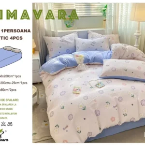 Lenjerie 4 Piese 1 Persoana, cu Elastic, din Bumbac Creponat, Bleu/Floricele-P6652