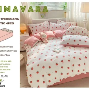 Lenjerie 4 Piese 1 Persoana, cu Elastic, din Bumbac Creponat, Roz/Capsune-P6671