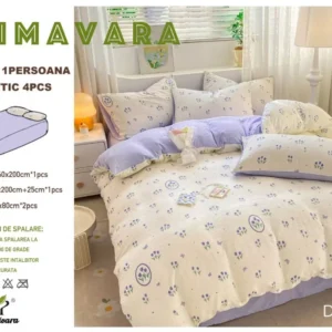 Lenjerie 4 Piese 1 Persoana, cu Elastic, din Bumbac Creponat, Lila/Lalele-P6656