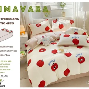 Lenjerie 4 Piese 1 Persoana, cu Elastic, din Bumbac Creponat, Mere-P6658