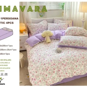 Lenjerie 4 Piese 1 Persoana, cu Elastic, din Bumbac Creponat, Lila/Floricele-P6659