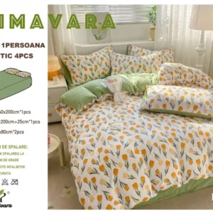 Lenjerie 4 Piese 1 Persoana, cu Elastic, din Bumbac Creponat, Verde/Lalele-P6661