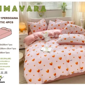 Lenjerie 4 Piese 1 Persoana, cu Elastic, din Bumbac Creponat, Roz/Inimi-P6667