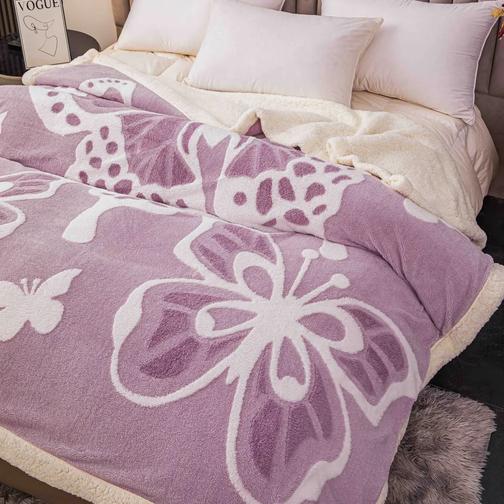 Patura Cocolino cu Blanita, 200x230cm, Imprimeu 3D cu Fluturi, Lila-C9700