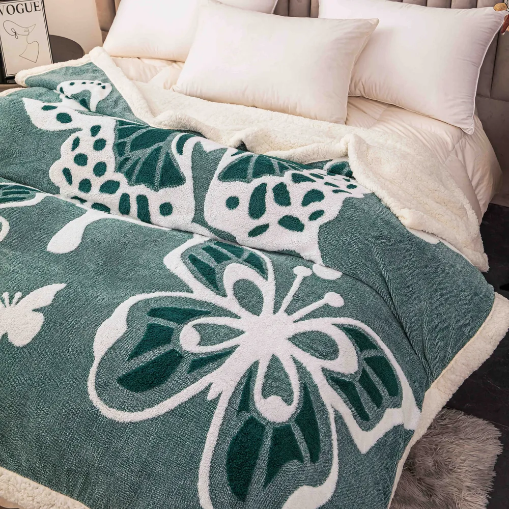 Patura Cocolino cu Blanita, 200x230cm, Imprimeu 3D cu Fluturi, Verde-C9702